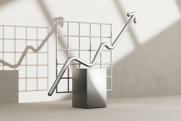 3D render of metallic arrow rising on abstract grid backdrop