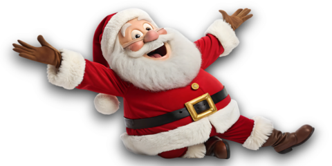 Jolly santa claus with arms outstretched in a festive pose celebrating the holiday spirit against a black background
