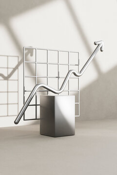 3D render of financial growth concept with rising arrow and grid