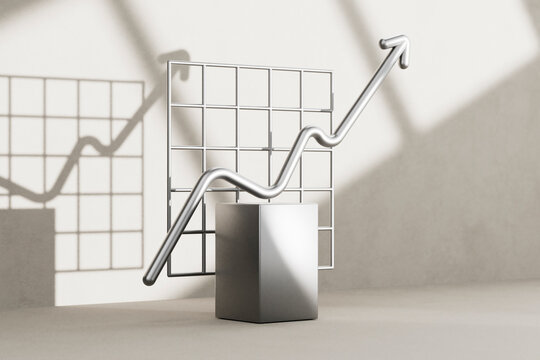 3D render of metallic arrow rising on abstract grid backdrop