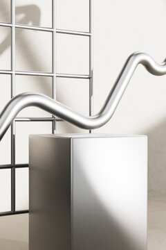 Close-up 3D render of rising arrow and metallic cube