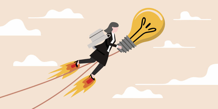 Businesswoman with jetpack flies with a giant lightbulb