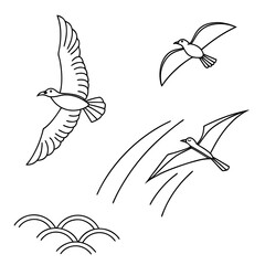 Three black line art birds flying over stylized waves