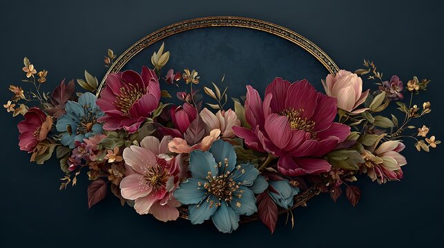 Elegant floral arrangement with deep jeweltoned flowers and gold accent