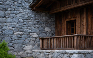 Traditional wooden cabin with stone walls at sunset in a serene mountainous setting