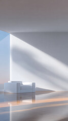 Modern white armchair in a minimalist room with natural light streaming through large window