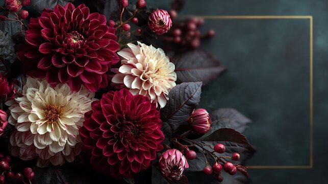 Dark moody floral arrangement with deep red and cream dahlia blooms