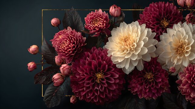 Elegant arrangement of deep red and creamy white dahlia flowers with dark foliage - Powered by Adobe