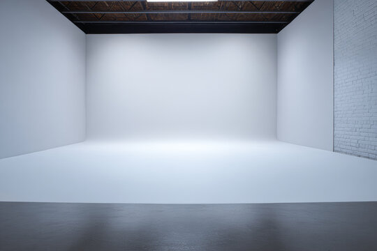 Spacious blank studio interior with white walls and wooden ceiling in modern design