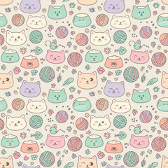 Cute kawaii sewing notions seamless pattern with colorful buttons thread spools pins in pastel tones for craft fabric textile design