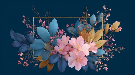 Elegant floral arrangement with pink blossoms and blue foliage in gold frame