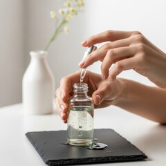 Hands Using Dropper to Transfer Liquid Into Glass Bottle in Minimalist Setting