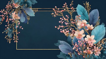 Elegant dark blue floral frame with pink blossoms and gold accent