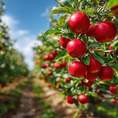 Obraz premium Ripe red s hang heavy on branches in a lush orchard with neat rows of trees stretching into the distance under a bright blue summer sky so inviting.