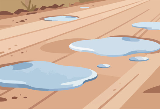 Cartoon illustration depicts a dirt road with several puddles after rainfall. Earth tones dominate