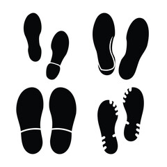 Various black shoe sole prints and footprints on a white background.