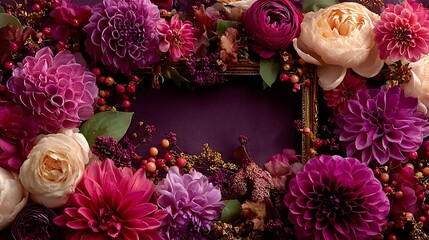 Vibrant floral border arrangement featuring deep purple and cream peonies