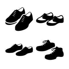 Diverse footwear silhouettes: sneakers, dress shoes, and boots.