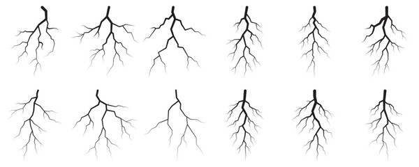 Set of ten striking black lightning bolt vector illustrations.