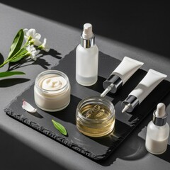 Skincare Products Arrangement on Black Slate with Flowers and Natural Light