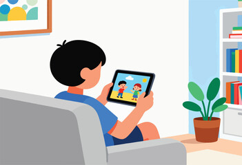 Fototapeta premium A cartoon child is seated on a grey couch, holding a tablet displaying images, surrounded by books and plants