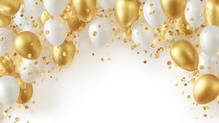 Colorful birthday celebration background with gold and white balloons, confetti, and festive party decorations for anniversaries and special occasions