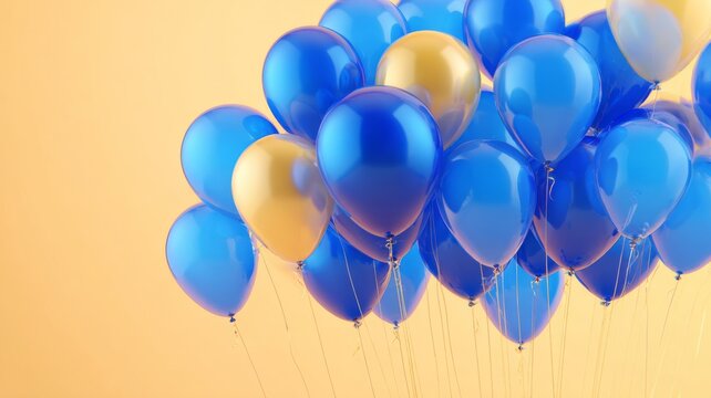Vibrant birthday celebration with blue and gold balloons, confetti, and festive gradient background for party and special occasion decorations
