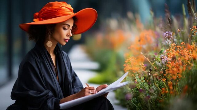Captivating Moment of Reflection: A Thoughtful Woman in a Vibrant Hat Writing Amidst a Colorful Garden of Blossoms, Harmonizing Nature with Creative Inspiration.