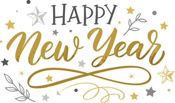 Happy New Year script text hand lettering. Design template Celebration typography poster, banner or greeting card for Merry Christmas and happy new year. Vector Illustration	