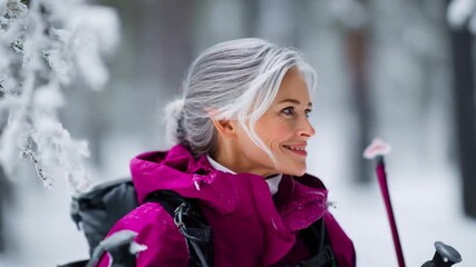 A joyful woman with gray hair enjoys a winter adventure, smiling in a snowy forest, showcasing her love for nature and outdoor activities in a beautiful snowy landscape.