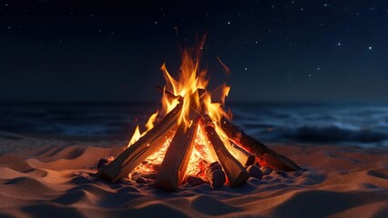 Beach bonfire scene at night with dancing flames, starry sky, and gentle ocean waves