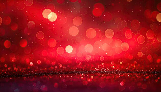 Vibrant Red Bokeh Lights and Glitter Sparkle Abstract Background.
