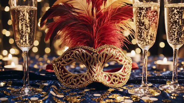 Elegant masquerade mask with red feathers on a festive New Year table surrounded by champagne glasses and sparkling lights