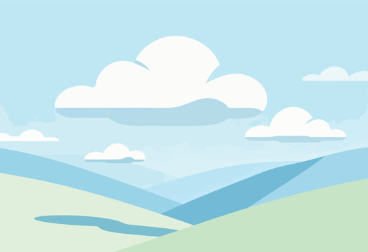 Simple illustration of a landscape with rolling hills, a waterway, and cartoon clouds in a soft blue sky