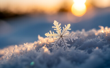 Macro shot of a detailed natural snowflake resting on frosty snow