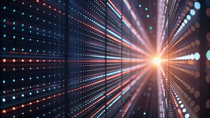 Obraz premium Vibrant light beams radiate from a central point, creating a dynamic visual effect reminiscent of digital technology or abstract art.