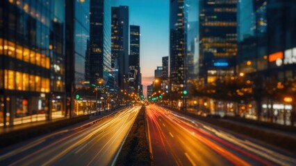 Obraz premium City street view at dusk with blurred light trails, between high rise buildings, long exposure