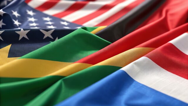 Various national flags draped together, showcasing vibrant colors and designs, symbolizing unity and diversity.