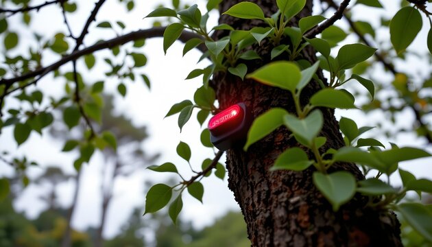 Tree Trunk with Red Led Indicator Amid Lush Foliage
