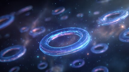 Futuristic glowing blue and purple toroidal rings floating in a dark cosmic nebula with sparkling lights