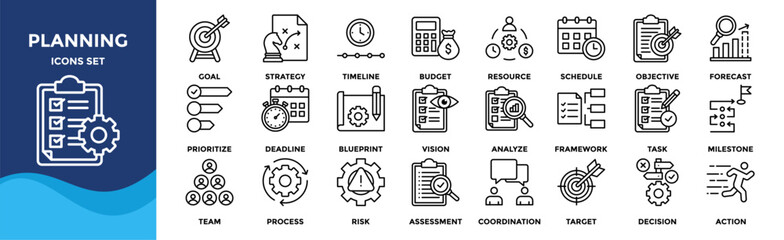 Planning icon set collection. an icon pack contain goal, strategy, timeline, budget, resource, schedule, objective, forecast, prioritize, deadline