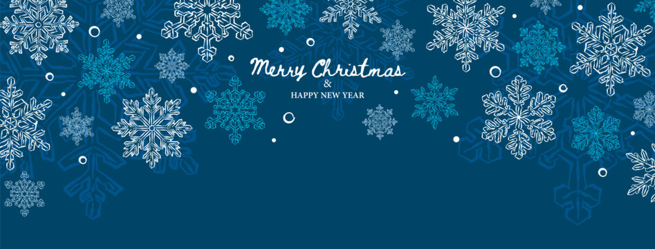 Christmas banner with hand-drawn snowflake, whimsical drawing Happy Holiday background, vector illustration, Can be used for Christmas gifts, decorations etc