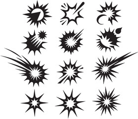 Fototapeta premium Cartoon explosion vector set of black starburst effects on transparent bg