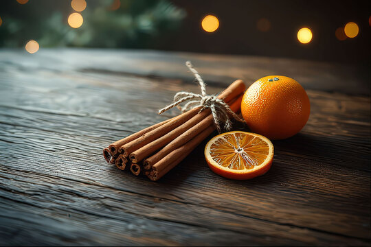 Bunch of cinnamon sticks and an orange on a wooden table. The cinnamon sticks are tied together with a string