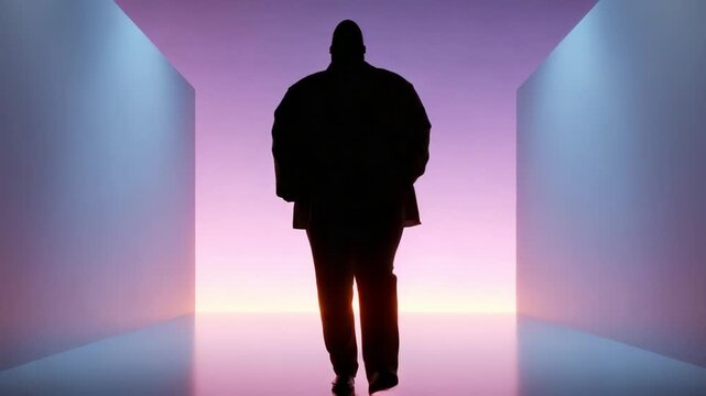 A confident figure strides through a vibrant corridor of colors, showcasing a compelling transformation from illuminated presence to silhouetted mystery, embodying strength and individuality.