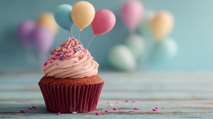 Colorful birthday cupcake with frosting and sprinkles surrounded by vibrant balloons on a festive party table for celebration and milestone photos