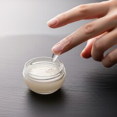 Hand Applying Clear Serum Drop to White Cream in Small Glass Jar on Dark Surface