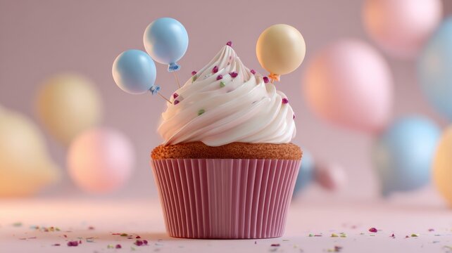 Colorful birthday cupcake with frosting and sprinkles surrounded by vibrant balloons on a festive party table for celebration and milestone photos