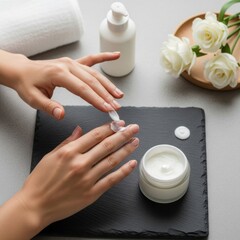 Woman Applying Moisturizer Cream Hand Skin Care Spa Setting