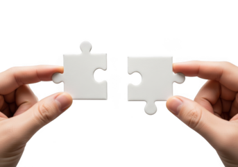 Two hands holding separate white jigsaw puzzle piece close together, ready to connect them, isolated on transparent background